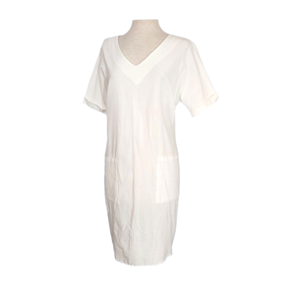 La Mode Dress Cotton Blend Relaxed Fit V-Neck Shift White Size L